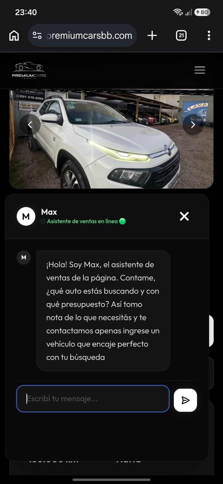 Chat de Max en la Web de la Concesionaria